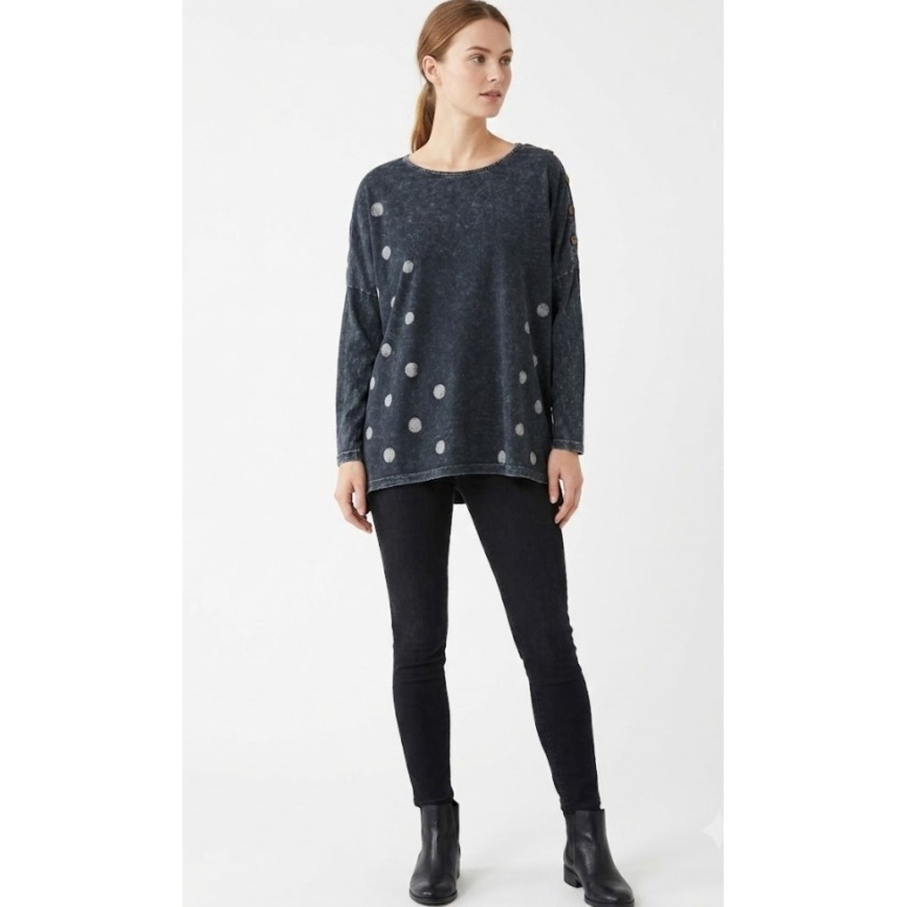 Jess & Jane Polka Dot Top Medium Black Mineral Wash Long‎ Sleeve Lagenlook Artsy